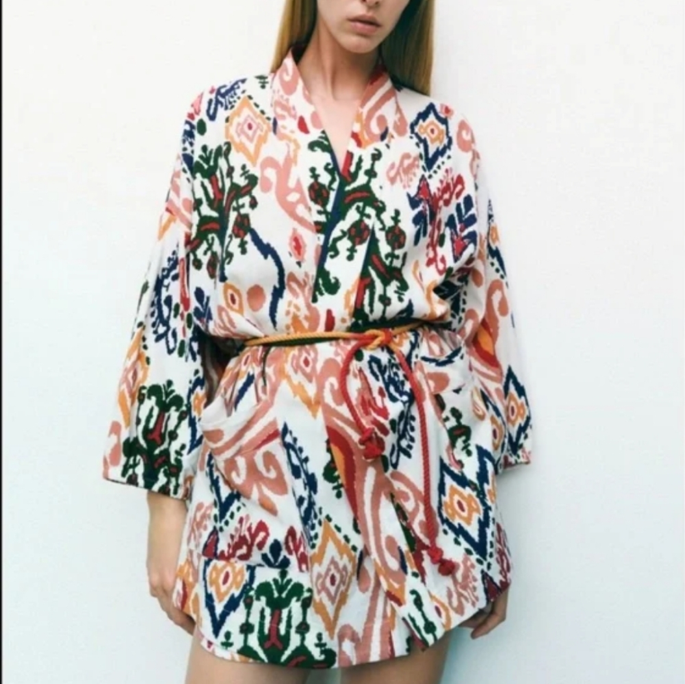 Zara Colorful Ikat Southwestern Boho Linen Puff Sleeve Kimono Duster Medium